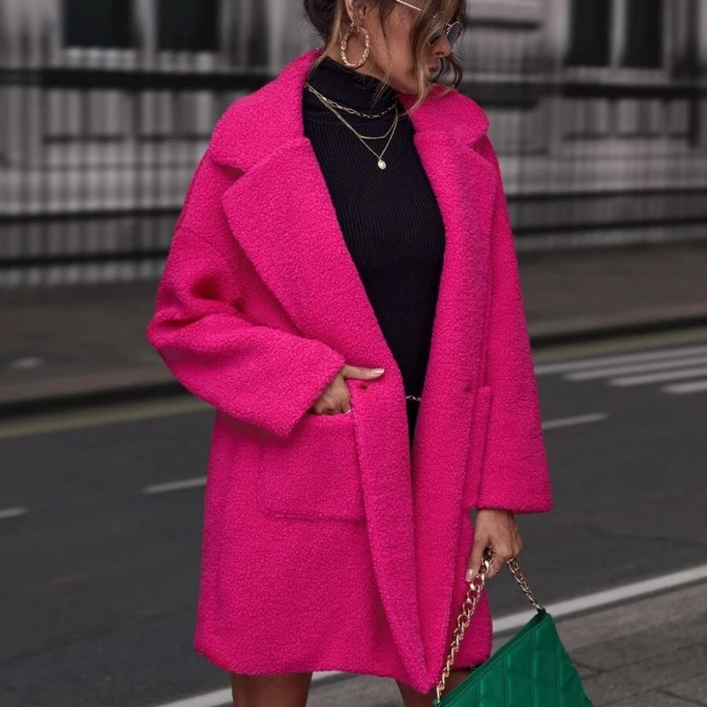 Pocketed  Lapel Neckline faux fur Teddy Coat jacket Hot Pink - Picture 2 of 6